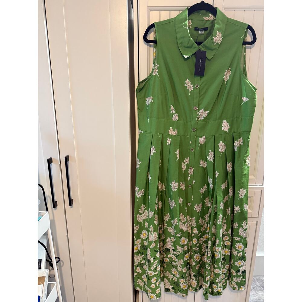 Tommy Hilfiger green floral sleeveless cotton shirtdress sz 16 NWT